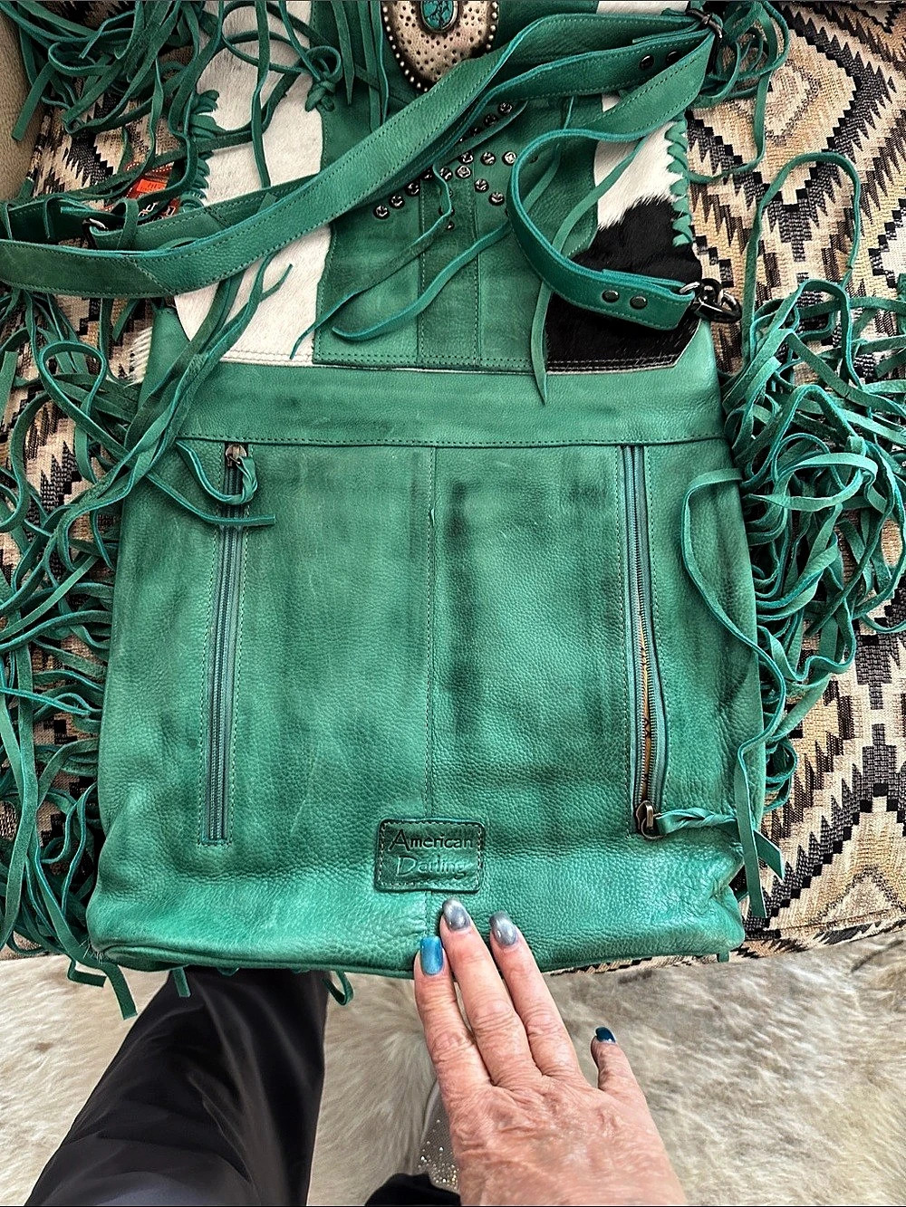 American Darling Studded Fringe Crossbody Turquoise and Cowhide Conceal/Carry